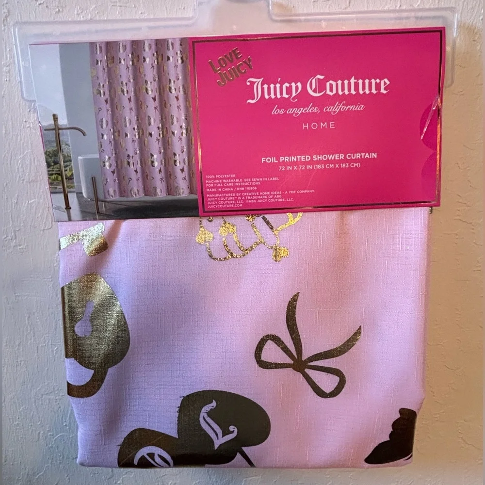 JUICY COUTURE Blush Pink & Metallic Gold Fabric Shower/Bathtub Shower Curtain
